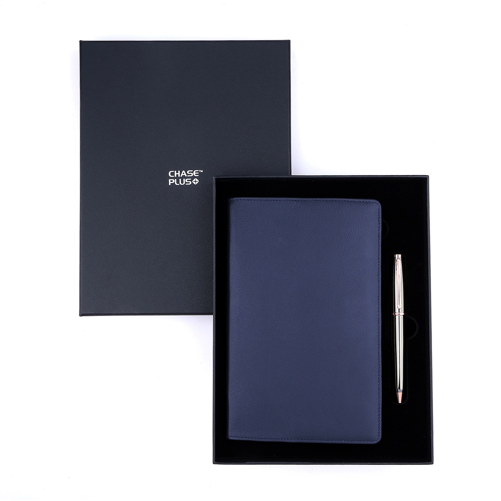 Business Gift Set-Capre Leather Covered Organizer Blue and Lexer Gun Metal Pen 
