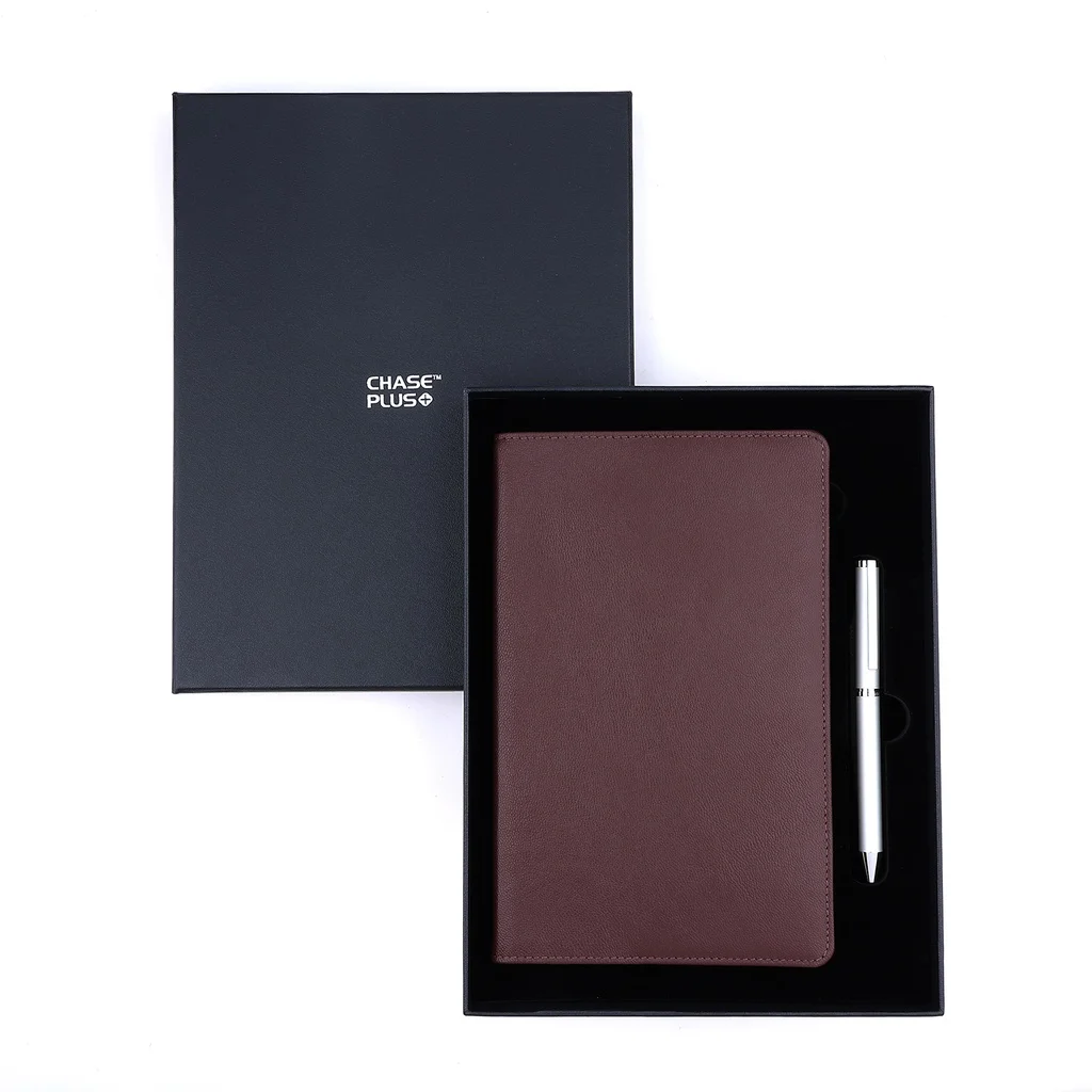  Business Gift Set-Capre Leather Covered Organizer Chocolate Brown and Danza Matt Silver