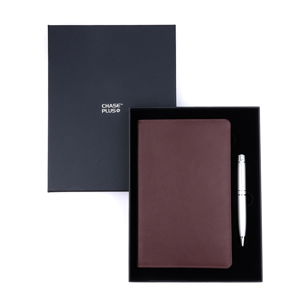 Business Gift Set-Capre Leather Covered Organizer Chocolate Brown and Kanora Matt Silver Pen  