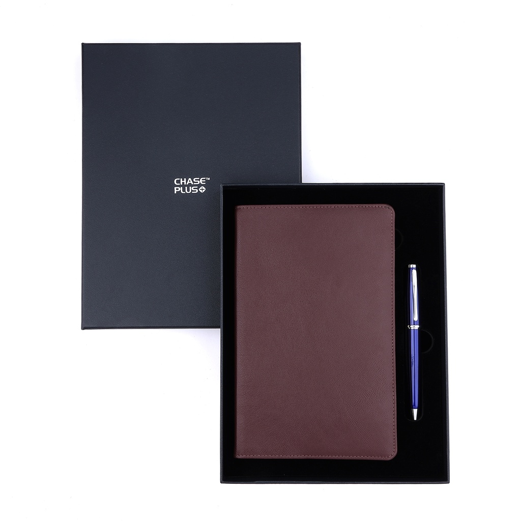 Business Gift Set-Capre Leather Covered Organizer Chocolate Brown and Lexer Blue Pen 