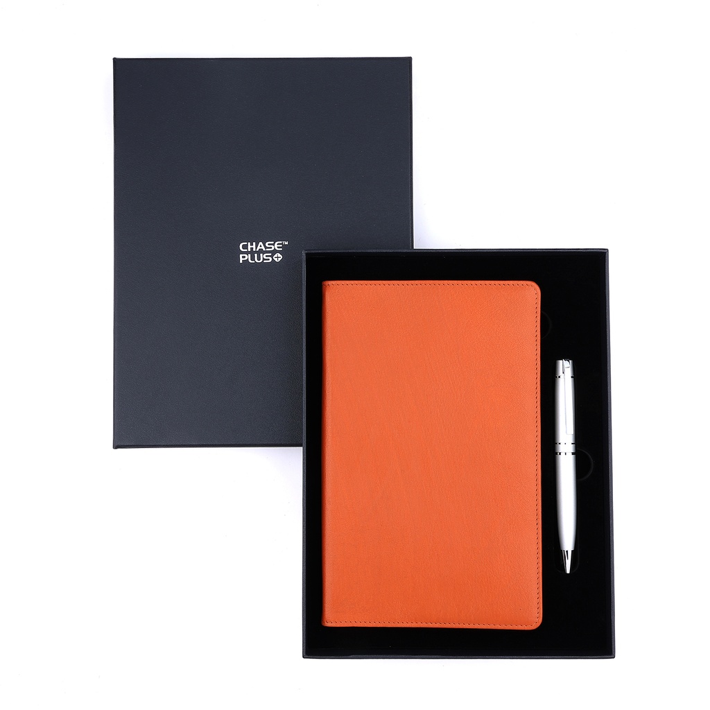 Business Gift Set-Capre Leather Covered Organizer Brown and Kanora Matt Silver Pen 