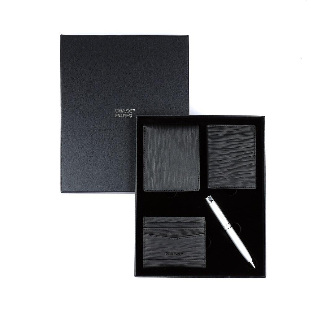 CHASE PLUS Business Gift Set Retso Men's Wallet, Credit Card Holder, BCH and Kanora Matt Silver Pen 