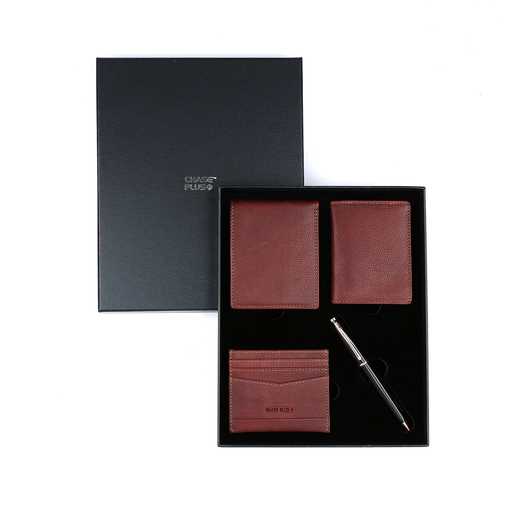 CHASE PLUS Business Gift Set Oxford Men's Wallet, Credit Card Holder, BCH and Lexer Black Rosegold Pen 