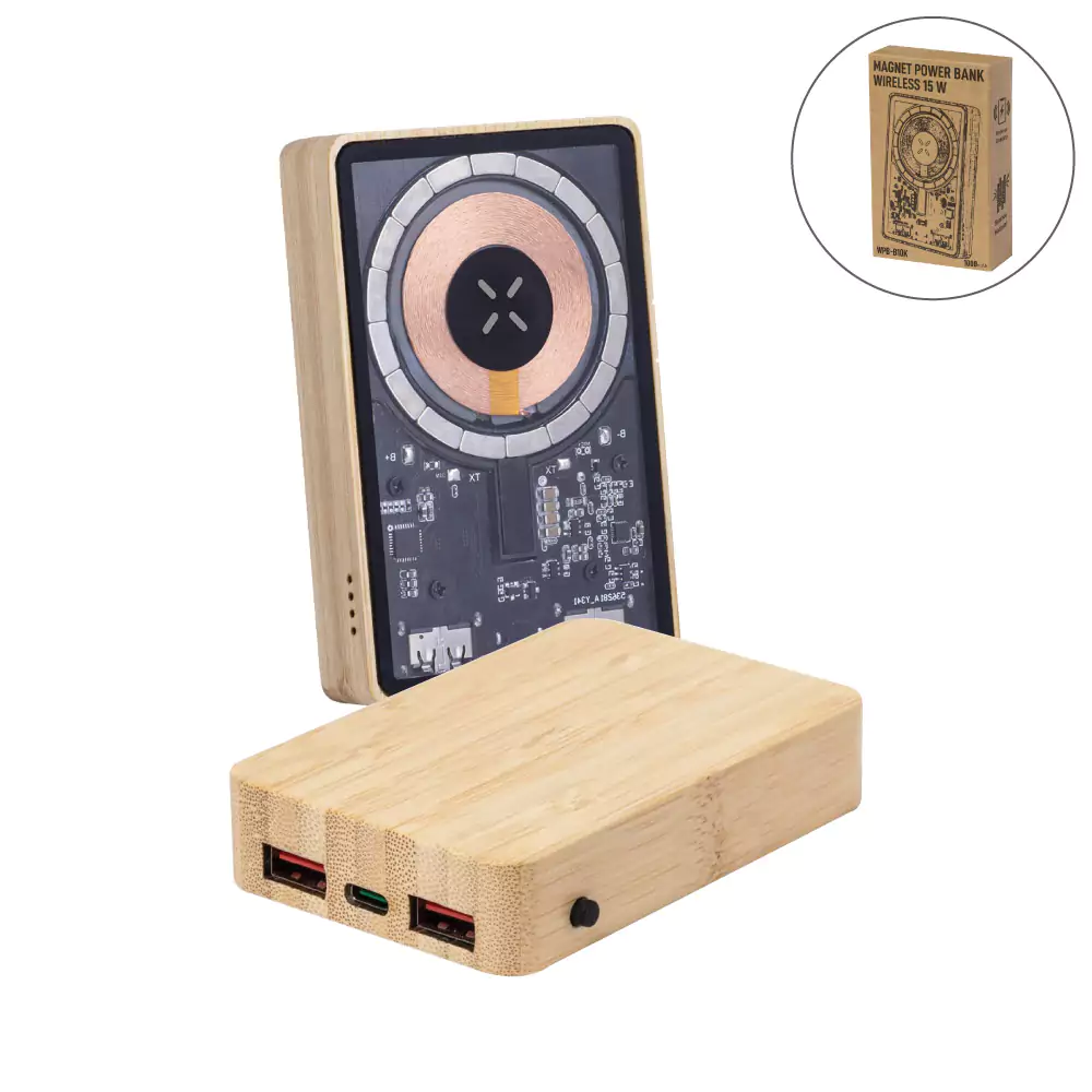 Magnetic Fast Wireless Powerbank 15W in Bamboo Casing