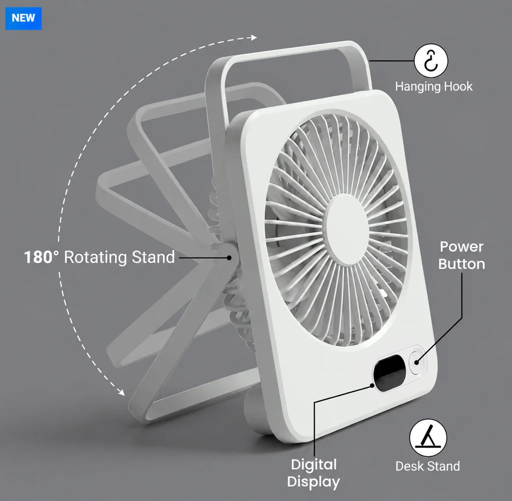 Rechargeable Table-Top Fan with Rotating Desk Stand
