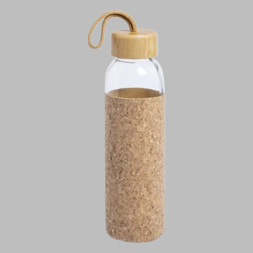 Glass water bottle with cork sleeve and bamboo lid