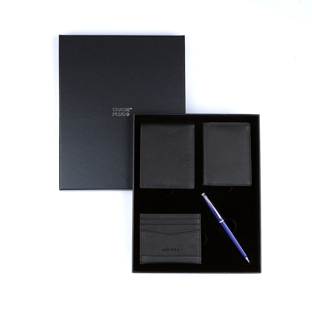 CHASE PLUS Business Gift Set Bristol Men's Wallet, Credit Card Holder, BCH and Lexer Blue Pen