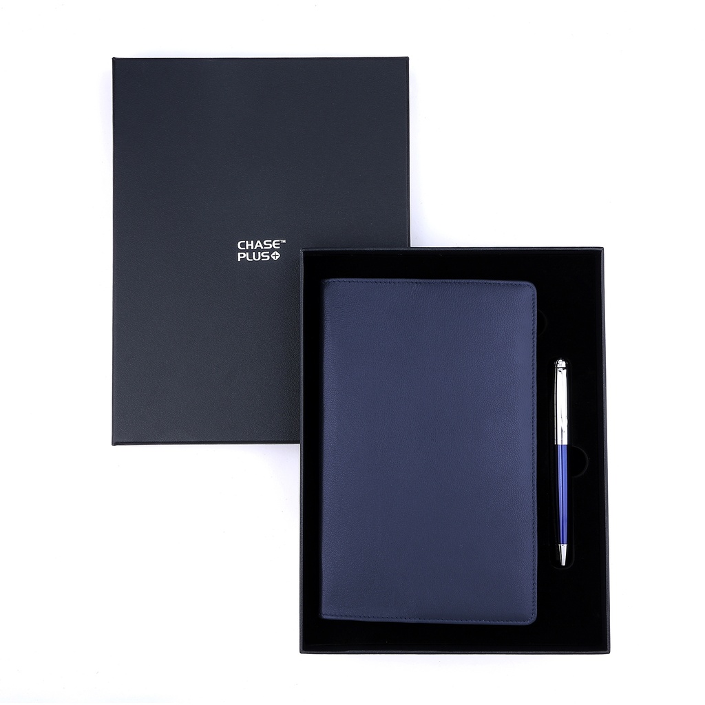 Business Gift Set-Capre Leather Covered Organizer Blue and Libro Blue Chrome Pen 