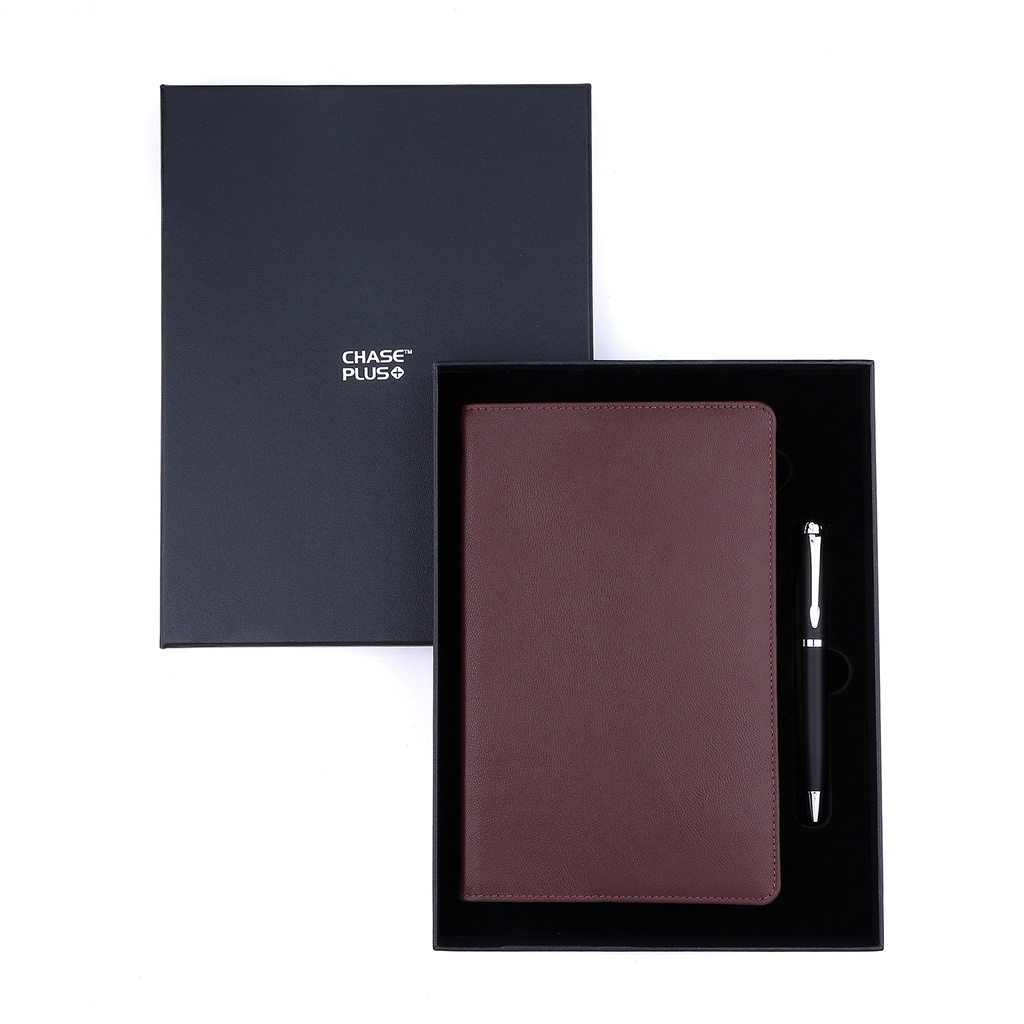 Business Gift Set-Capre Leather Covered Organizer Chocolate Brown and Libro Matt Black 