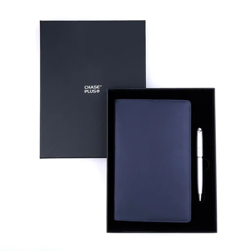 Business Gift Set-Capre Leather Covered Organizer Blue and Libro Matt Silver Pen 
