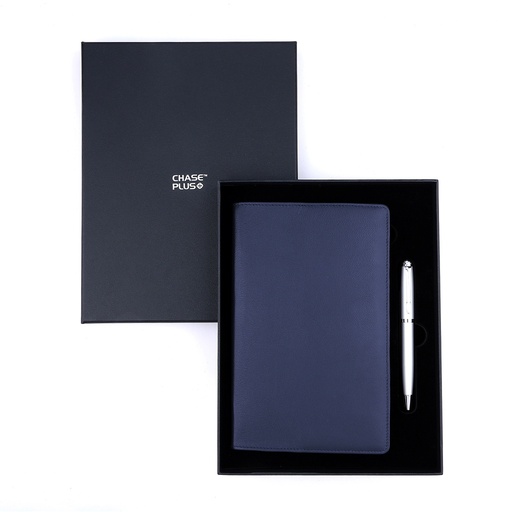 [CMB8899-5] Business Gift Set-Capre Leather Covered Organizer Blue and Libro Matt Silver Pen 