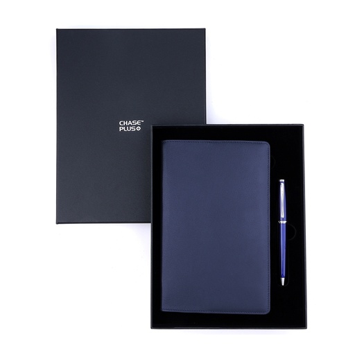 [CMB8901-2] Business Gift Set-Capre Leather Covered Organizer Blue and Lexer Blue Pen 