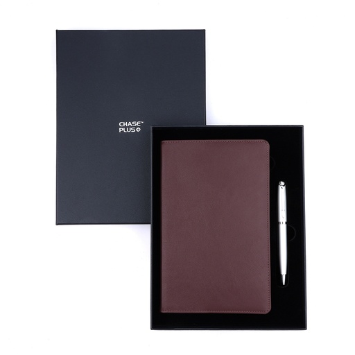 [CMB8907-5] Business Gift Set-Capre Leather Covered Organizer Chocolate Brown and Libro Matt Silver Pen 