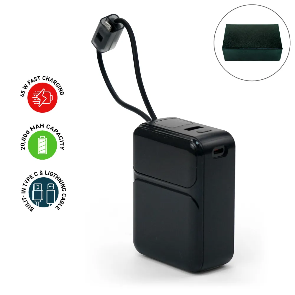 [PB-20K-BLK] Powerbank with Built-in Type-C & Lightning Cables, 20,000mAh, 45W Fast Charging