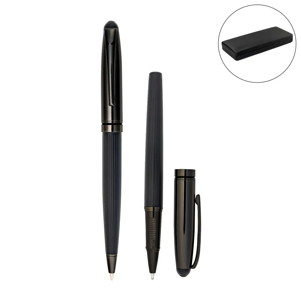 [STE3PN-S63-BLK5] Black Metal Pen Set with Matte & Glossy Finish in PU Leather Box