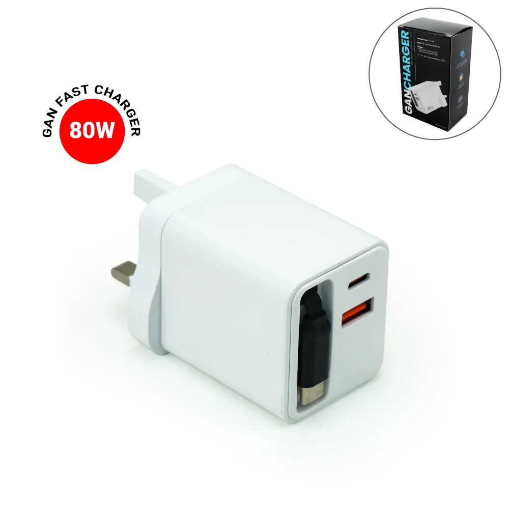 [STE3TA-006-WHT5] 80W GaN Fast Charger Adaptor with Retractable Built-in Type-C Cable