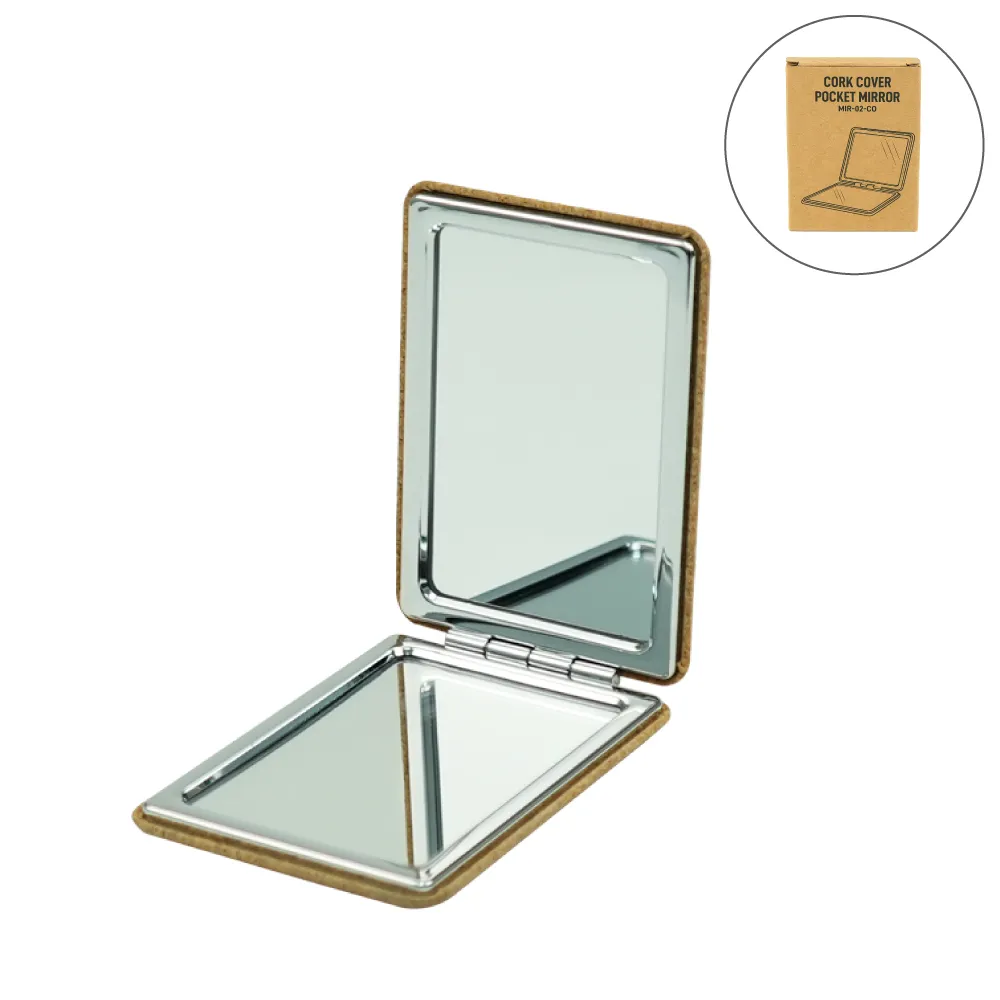 [STE3MIR-02-CO5] Rectangle Pocket Mirror, Double-Sided Foldable with Cork Finish Cover