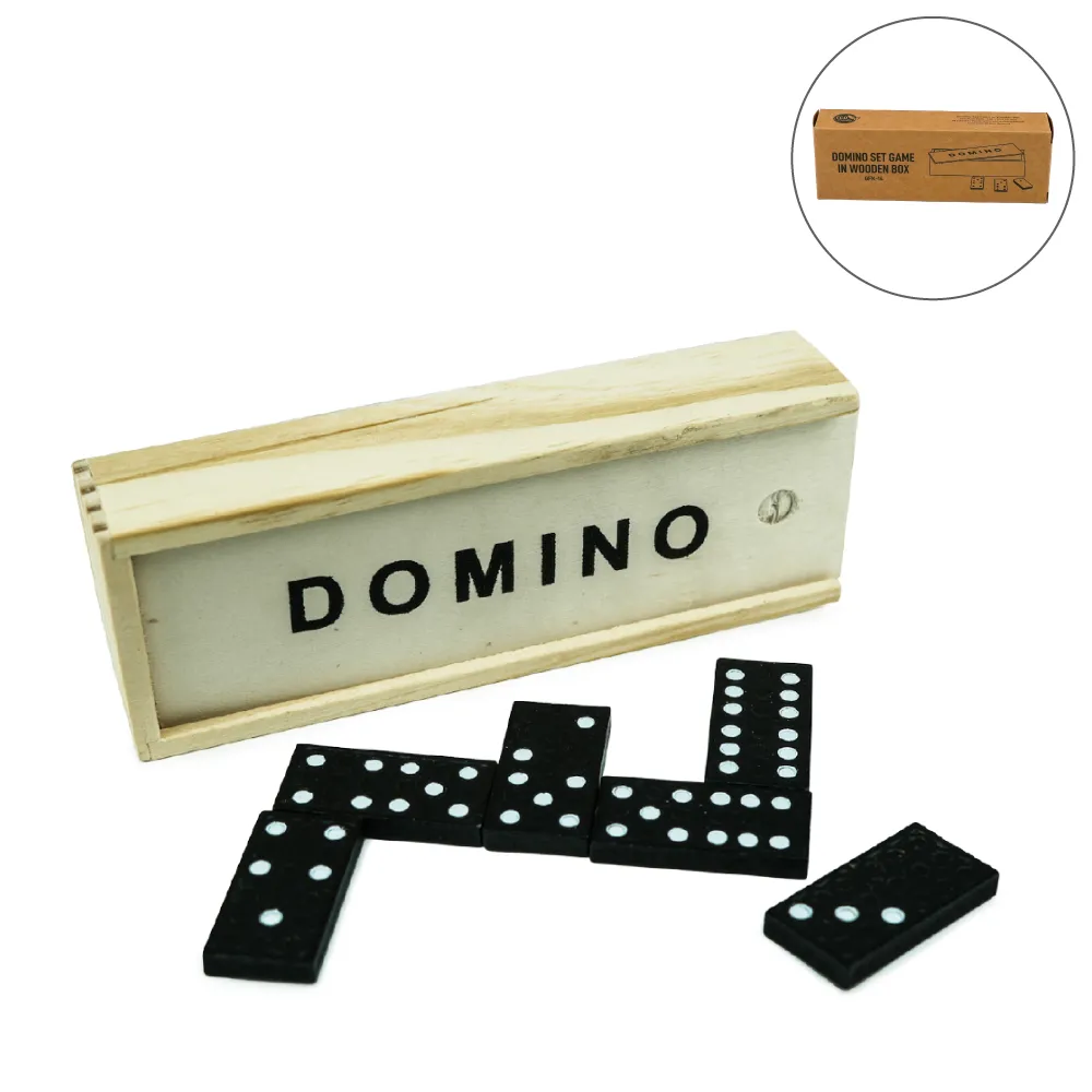 [GFK-14] Domino Set Game in Wooden Slide Box – 28 Black Wooden Pieces