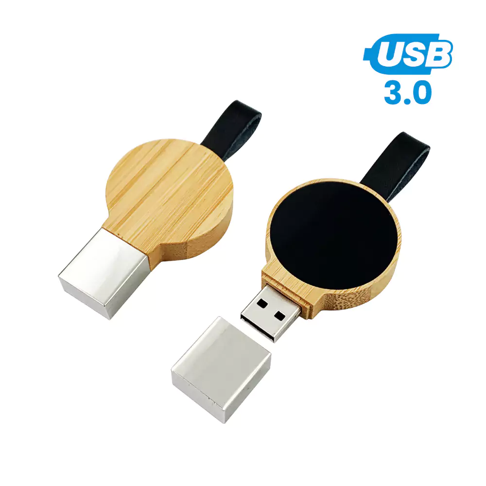 [USB-78-BM] Bamboo Round LED Logo USB with Strap 64GB V. 3.0