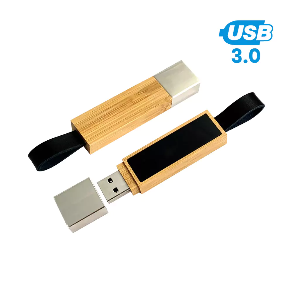 [USB-77-BM] Bamboo LED Logo USB with Strap 64GB V. 3.0