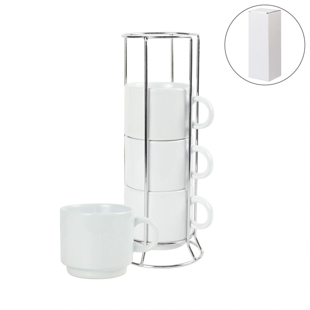 [STE3MU-MR1905] Ceramic Coffee Cups Set 4Pcs in Silver Metal Rack