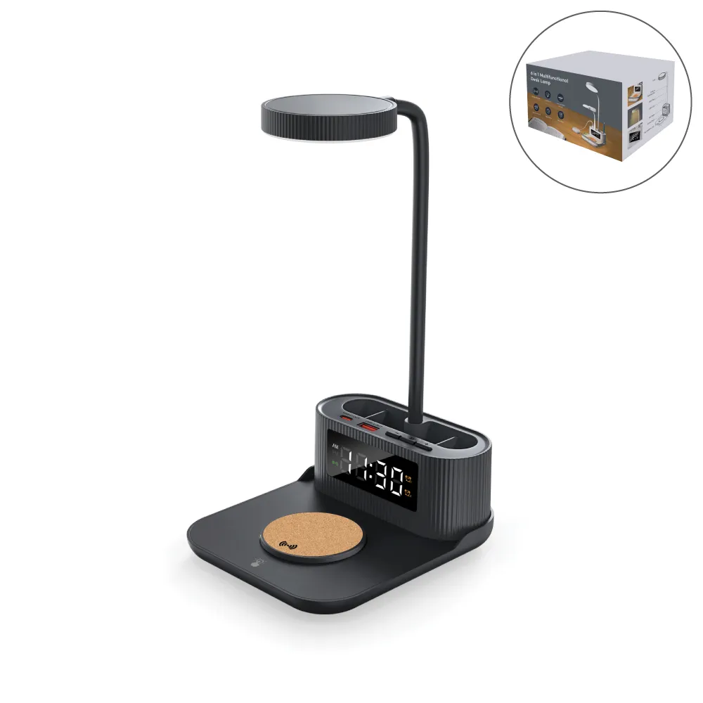 Desk Lamp with 15W Wireless Charger, Clock and Pen Holder