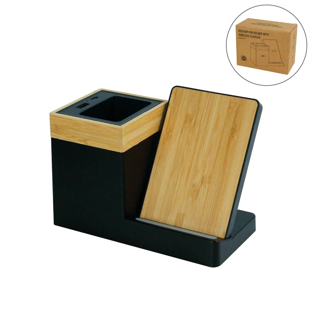[STE3WDS6-BLK5] Bamboo Pen Holder with 15W Wireless Charger &amp; LED Logo
