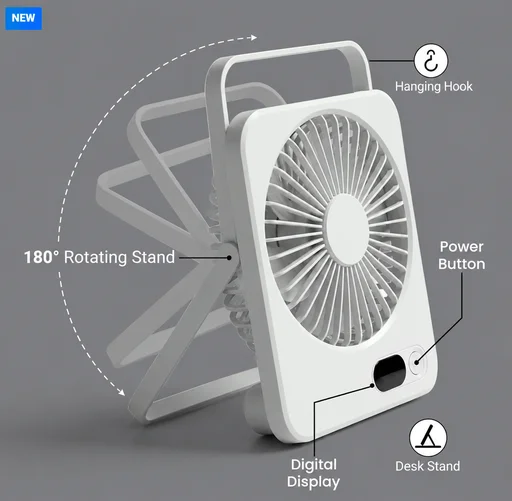Rechargeable Table-Top Fan with Rotating Desk Stand