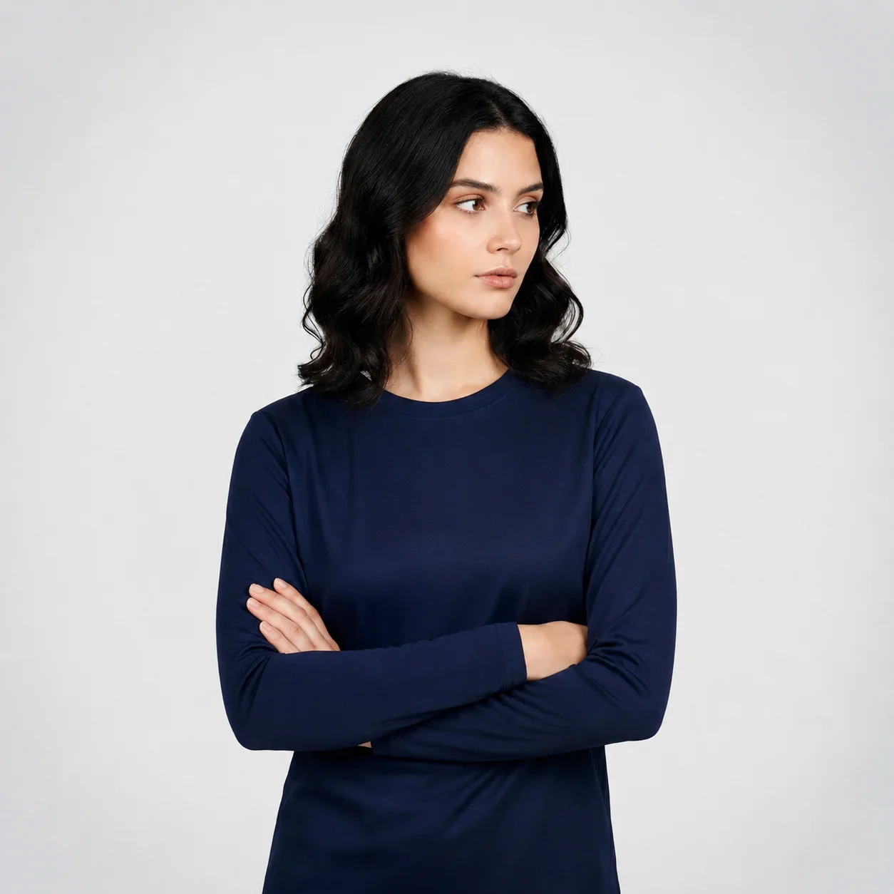 [AGRN7577] AGGERT Round Neck Full sleeve T-Shirt SUPIMA MERCERISED Cotton 220 GSM Navy Blue - Women