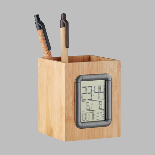 [STMK 232311] Bamboo Penholder with Digital clock