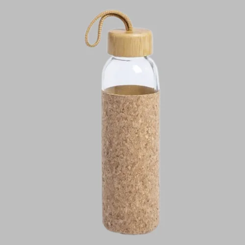 Glass water bottle with cork sleeve and bamboo lid