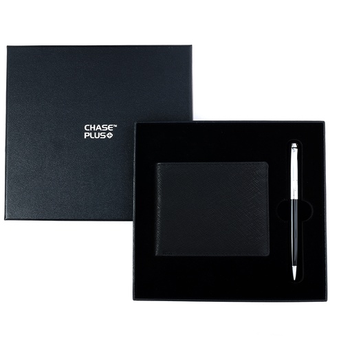 [CMB8817-3] CHASE PLUS Business Gift Set-Glasgow Men's Wallet and Libro Black Chrome Pen 