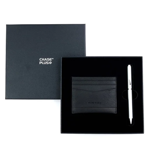 CHASE PLUS Business Gift Set- Glasgow Credit Card Holder and Danza Matt Silver Pen
