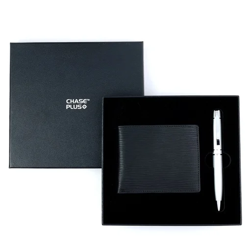 CHASE PLUS Business Gift Set-Retso Men's Wallet and Kanora Matt Silver Pen 