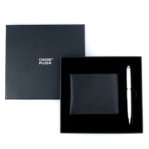 [CMB8818-5] CHASE PLUS Business Gift Set-Retso Men's Wallet and Libro Matt Silver Pen 