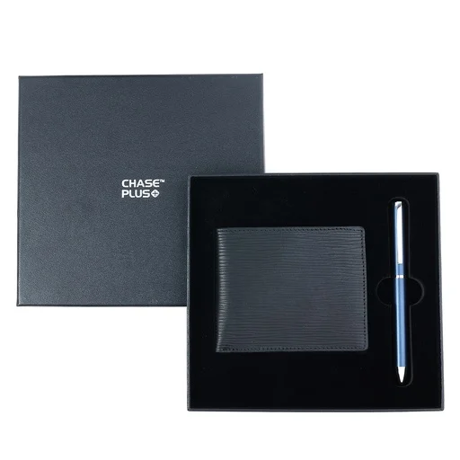 CHASE PLUS Business Gift Set-Retso Men's Wallet and Danza Matt Blue Pen 