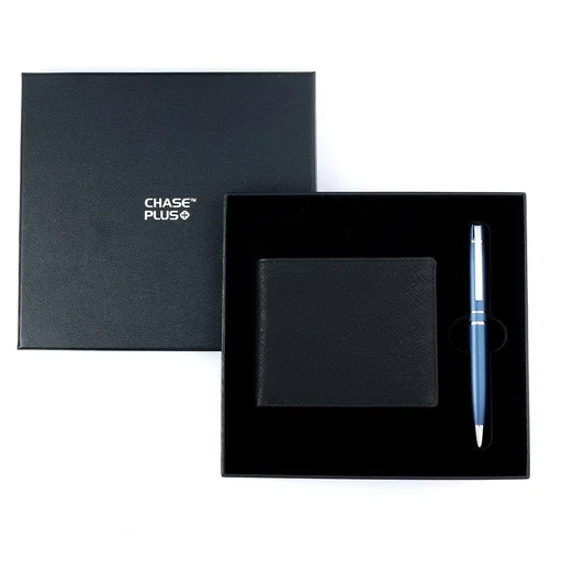 CHASE PLUS Business Gift Set-Glasgow Men's Wallet and Kanora Matt Blue Pen 