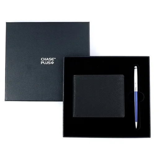 CHASE PLUS Business Gift Set-Glasgow Men's Wallet and Libro Blue Chrome Pen 