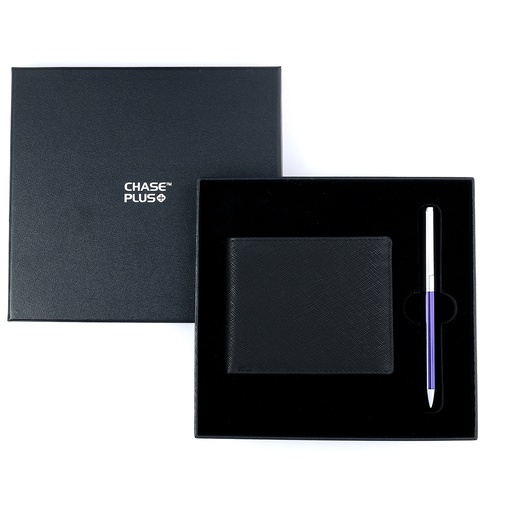 [CMB8812-2] CHASE PLUS Business Gift Set-Glasgow Men's Wallet and Danza Blue Chrome Pen  