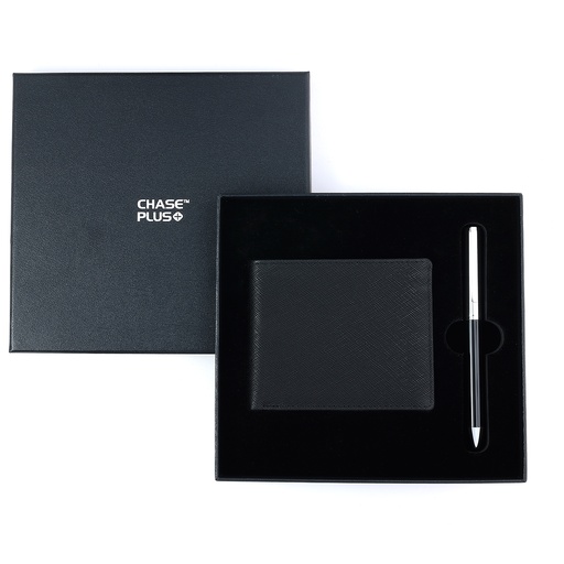 [CMB8812-3] CHASE PLUS Business Gift Set-Glasgow Men's Wallet and Danza Black Chrome Pen 