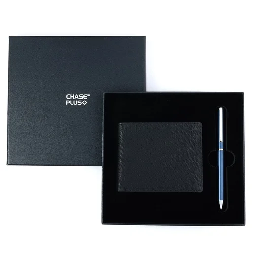 CHASE PLUS Business Gift Set-Glasgow Men's Wallet and Danza Matt Blue Pen 