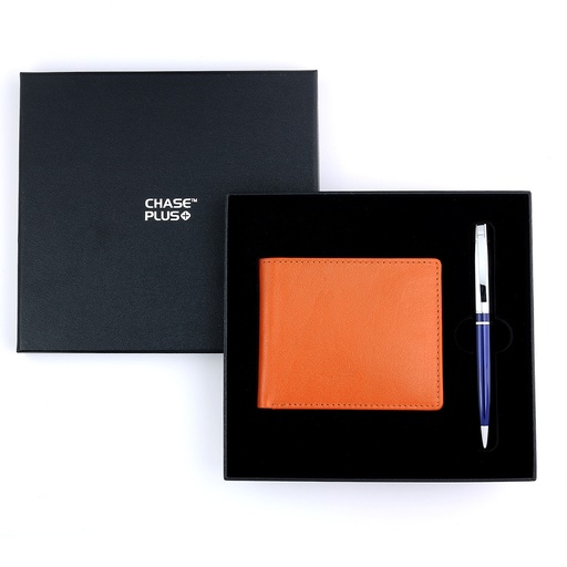 [CMB8821-2] CHASE PLUS Business Gift Set-Bristol Men's Wallet and Kanora Blue Chrome Pen 