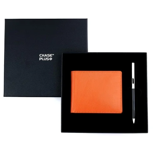 CHASE PLUS Business Gift Set-Bristol Men's Wallet and Danza Black Chrome Pen 