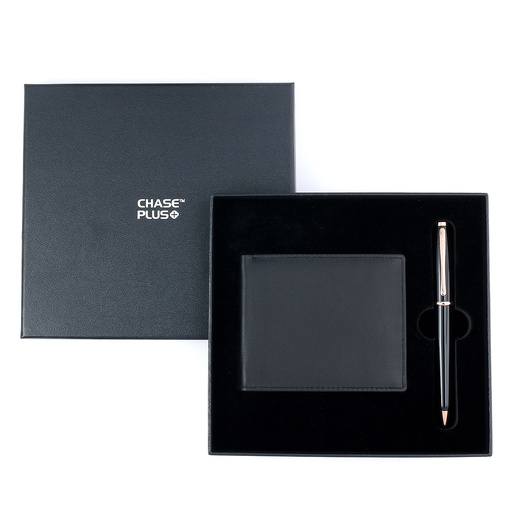 [CMB8825-3]  CHASE PLUS Business Gift Set-Premio Men's Wallet and Lexer Black Rosegold Pen 