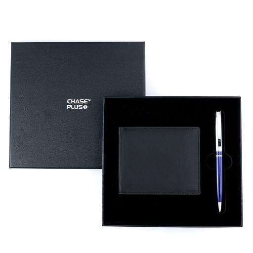 [CMB8820-2] CHASE PLUS Business Gift Set-Premio Men's Wallet and Kanora Blue Chrome Pen 