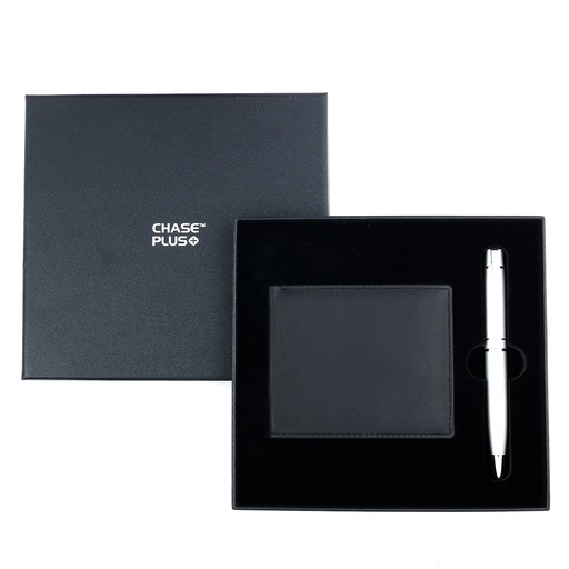 [CMB8820-5] CHASE PLUS Business Gift Set-Premio Men's Wallet and Kanora Matt Silver Pen 