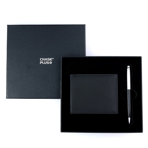 [CMB8815-3] CHASE PLUS Business Gift Set-Premio Men's Wallet and Libro Black Chrome Pen 
