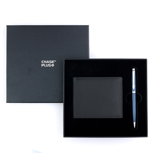 [CMB8815-4] CHASE PLUS Business Gift Set-Premio Men's Wallet and Libro Matt Blue Pen 