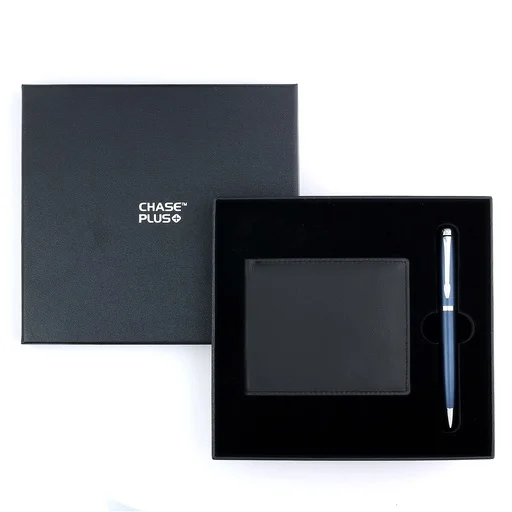 CHASE PLUS Business Gift Set-Premio Men's Wallet and Libro Matt Blue Pen 