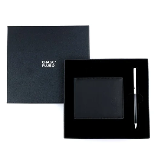 CHASE PLUS Business Gift Set-Premio Men's Wallet and Danza Black Chrome Pen 